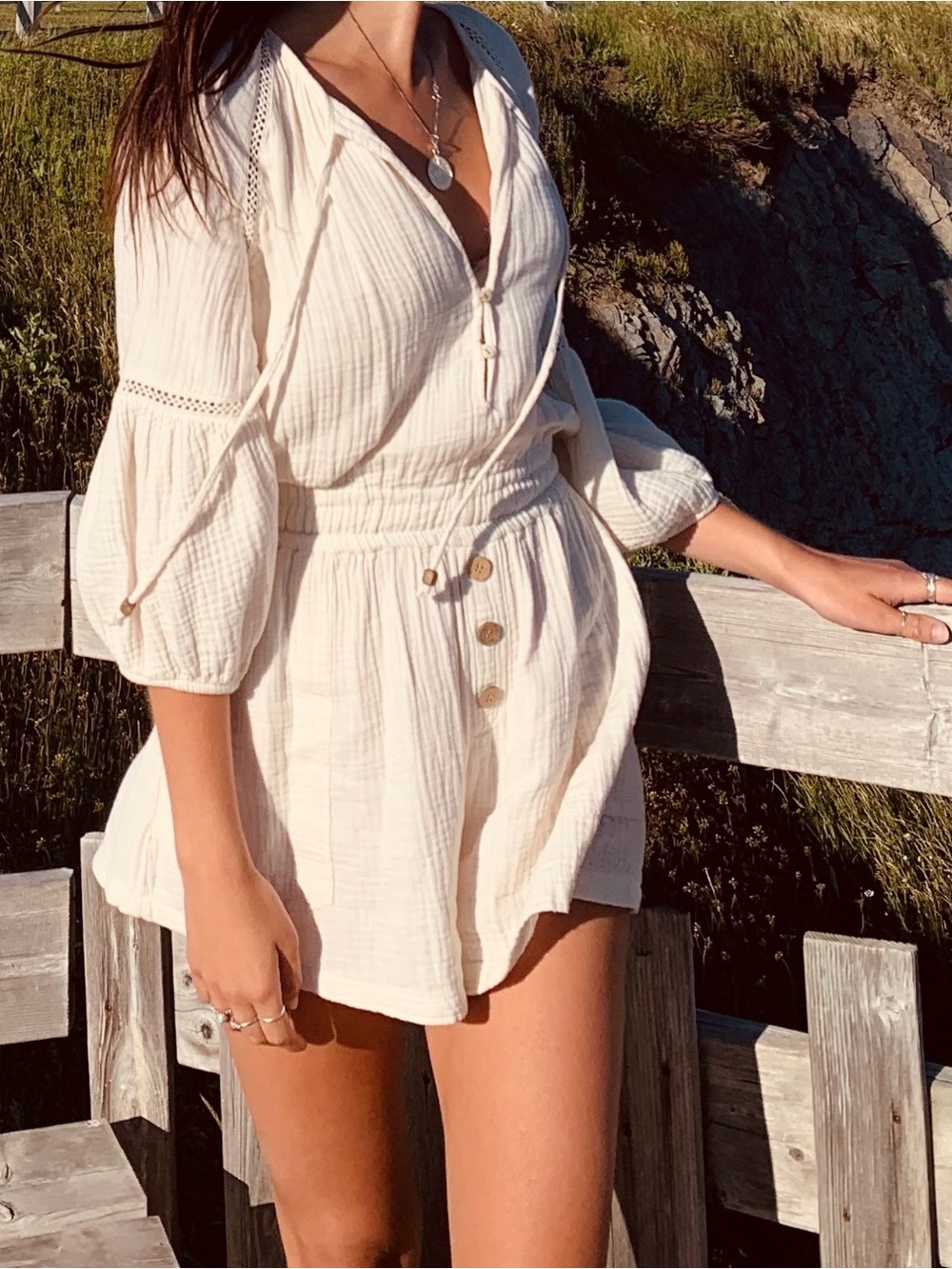 Cream Button-Front Gauze Romper